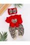 3-9 Ay Kız Bebek Tulum Leopar Desen Fırfır ve Fiyonklu Kırmızı