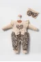 3-9 Ay Kız Bebek Tulum Leopar Fiyonklu Krem