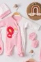 3 Ay Kelebek Nakış Tulumlu Kız Bebek 5li Set Pembe