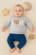 3-12 Ay Erkek Bebek Takımı Bear Love Nakışlı 2li Gri