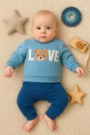 3-12 Ay Erkek Bebek Takımı Bear Love Nakışlı 2li Mavi