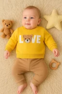 3-12 Ay Erkek Bebek Takımı Bear Love Nakışlı 2li Sarı
