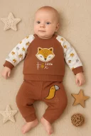 3-12 Ay Erkek Bebek Takımı Littie Fox Nakışlı 2li Kahverengi