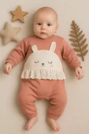 3-12 Ay Kız Bebek Tulum Tavşan Nakışlı Güpürlü Pembe