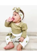 3-18 Ay Bandana Kız Bebek Takımı Kalpli 3lü Waffle Yeşil