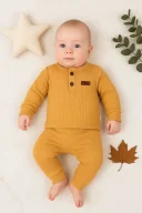 3-18 Ay Çizgili Kumaş 2li Unisex Takımı Hardal