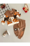 3-18 Ay Erkek Bebek Takımı Family Bears 3lü Fularlı krem