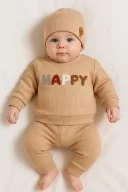 3-18 Ay Erkek Bebek Takımı Happy Nakışlı 2li Kahverengi