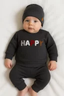 3-18 Ay Erkek Bebek Takımı Happy Nakışlı 2li Siyah