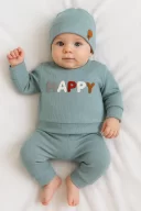 3-18 Ay Erkek Bebek Takımı Happy Nakışlı 2li Yeşil