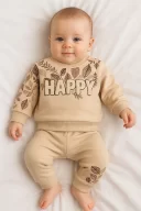 3-18 Ay Erkek Bebek Takımı Happy Yaprak 2li Krem