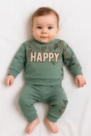 3-18 Ay Erkek Bebek Takımı Happy Yaprak 2li Yeşil