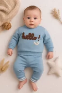 3-18 Ay Erkek Bebek Takımı Hello Nakışlı 2li Mavi