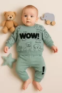 3-18 Ay Erkek Bebek Takımı Wow Nakışlı 2li Yeşil