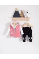 3-18 Ay Kız Bebek Alt&Üst Takımı Yelekli 3 lü Pembe