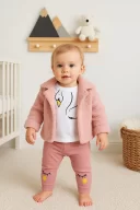 3-18 Ay Kız Bebek Takımı Peluş Hırkalı 3 Lü Pembe
