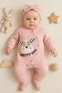 3-18 Ay Kız Bebek Tulumu Pretty Dog Bandanalı Gül Kurusu