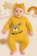 3-18 Ay Kız Bebek Tulumu Pretty Dog Nakış Bandanalı Sarı
