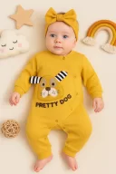 3-18 Ay Kız Bebek Tulumu Pretty Dog Nakış Bandanalı Sarı