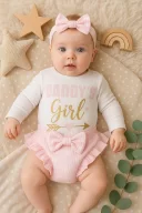 3-6 Ay Kız Bebek Alt&Üst Takımı Daddys Girl Bandanalı Pembe