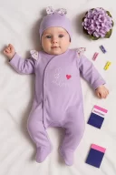 3-6 Ay Kız Bebek Tulumu Kelebek Omuz Detay Şapkalı Lila