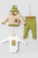 3-9 Ay Bear Çizgili Hırkalı 3lü Bebek Takımı Yeşil