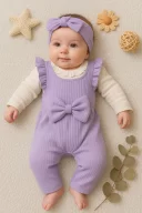 3-9 Ay Dantel Yaka Fiyonklu 2Li Kız Bebek Salopet Tulum Lila