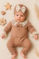 3-9 Ay Dantel Yaka Kız Bebek Tulumu Şapkalı Kahverengi