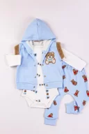 3-9 Ay Erkek Bebek Takımı Bear Nakışlı Yelekli 3lü Mavi