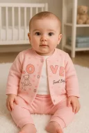 3-9 Ay Hırkalı Kız Bebek Takımı Love Tavşan Fırfır 3lü Pembe