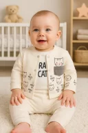 3-9 Ay Kız Bebek Alt&Üst Takımı Kedi 3lü Hırkalı Krem