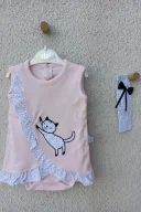 3-9 Ay Kız Bebek Badi Kedili Fırfırlı Bandanalı Pembe