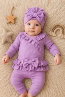 3-9 Ay Kız Bebek Takımı Fırfır Detay Fiyonk Boneli Lila