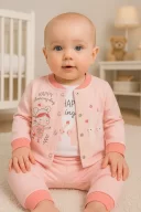 3-9 Ay Kız Bebek Takımı Happy Dancing 3lü Hırkalı Nar Çiçeği