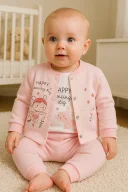 3-9 Ay Kız Bebek Takımı Happy Dancing 3lü Hırkalı Pembe