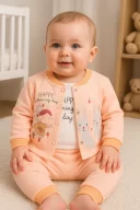 3-9 Ay Kız Bebek Takımı Happy Dancing 3lü Hırkalı Somon