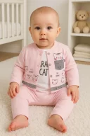 3-9 Ay Kız Bebek Takımı Kedi 3lü Hırkalı Açık Pembe