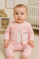 3-9 Ay Kız Bebek Takımı Love Tavşan 3lü Hırkalı Açık Pembe