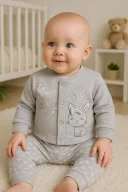 3-9 Ay Kız Bebek Takımı Stay Little Puan 3lü Hırkalı Gri