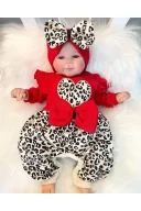 3-9 Ay Kız Bebek Tulum Leopar Desen Fırfır ve Fiyonklu Kırmızı