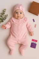 3-9 Ay Kız Bebek Tulum Robası Astarlı Fiyonk Şapkalı Açık Pembe