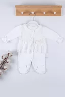 3-9 Ay Kız Bebek Tulumu Gofra Fransız Güpürlü Beyaz