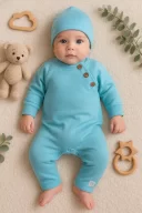 3-9 Ay Kollu Düğme Detay Unısex Bebek Tulumu Mavi