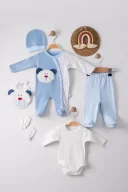 3 Ay Ayıcık Nakış Tulumlu Erkek Bebek 5li Set Mavi