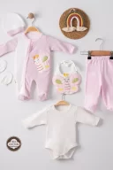 3 Ay Kelebek Nakış Puanlı Tulumlu Kız Bebek 5li Set Pembe