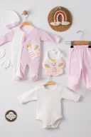 3 Ay Kelebek Nakış Puanlı Tulumlu Kız Bebek 5li Set Pembe