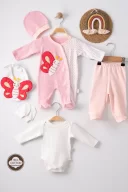 3 Ay Kelebek Nakışlı Puanlı Tulumlu Kız Bebek 5li Set Pembe
