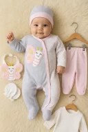 3 Ay Kelebek Nakışlı Tulumlu Kız Bebek 5li Set Gri