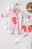 3 Ay Kelebek Puanlı Tulumlu Kız Bebek 5li Set Nar Çiçeği