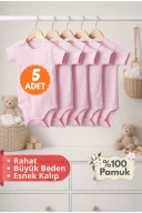 Çocuk Body Zıbın 5li Set Büyük Beden %100 Pamuk Alttan Çıtçıtlı Kısa Kol 2-12 Yaş Bebek Body Pembe